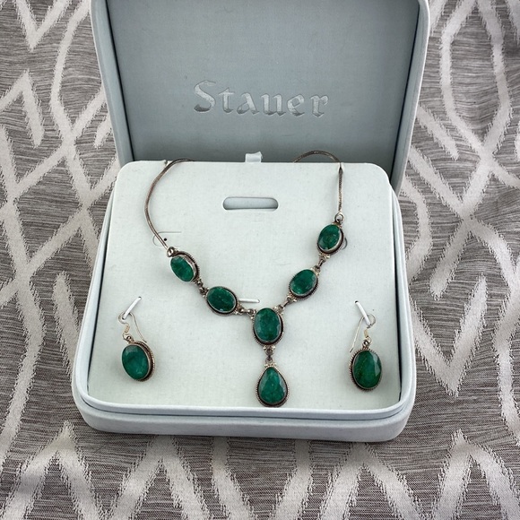 Staure Jade with Sterling Silver Necklace w/matching French Hook Earrings - Picture 2 of 8